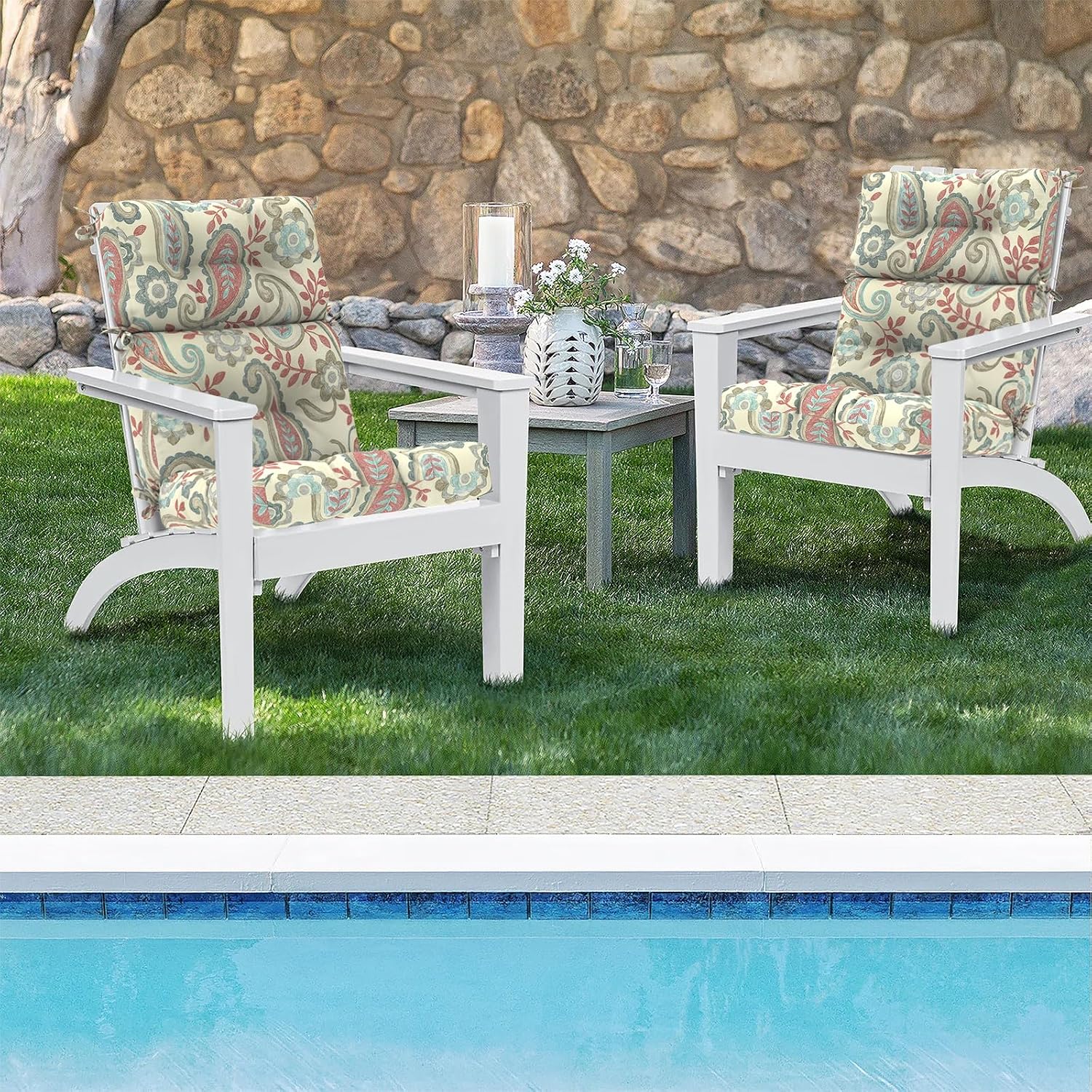 DYTXIII Outdoor High Back Chair Cushions Set of 2, Water Repellent Tufted Rocking Seat Cushions Replacement 44 x 22 Inch, Seat & Back Chair Pads for Patio, Balcony and Indoor Use -Paisley Vintage