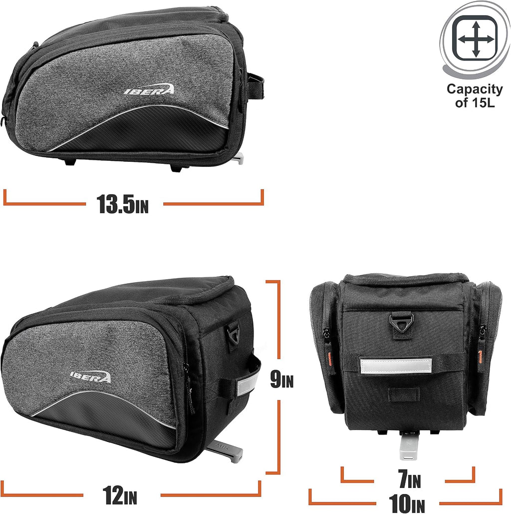 Ibera Bike Bag MIK Commuter 15L - Clip-On bike Bags For Bicycles with Laptop Sleeve, Multiple Pockets & Shoulder Strap - Reflective Trim & Taillight Ready - Bike Rack Bag ONLY FOR MIK RACKS