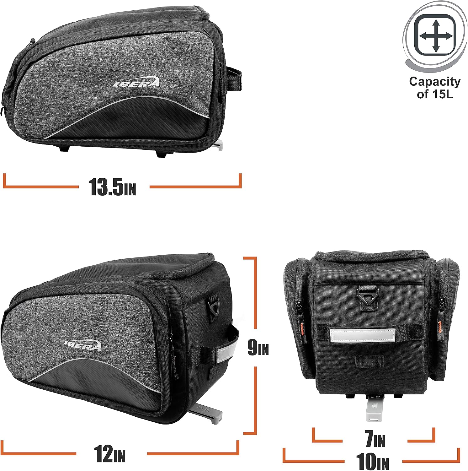 Ibera Bike Bag MIK Commuter 15L - Clip-On bike Bags For Bicycles with Laptop Sleeve, Multiple Pockets & Shoulder Strap - Reflective Trim & Taillight Ready - Bike Rack Bag ONLY FOR MIK RACKS