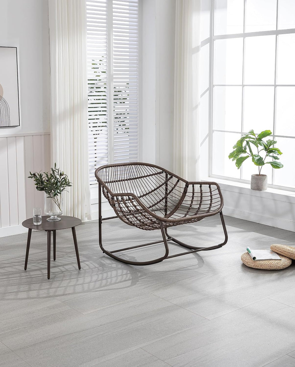 Rattan Rocking Chair for Indoor Outdoor, Patio Oversized Wicker Egg Chair with Steel Frame, Olefin Padded Cushion Rocker Recliner Chair, Comfy Lounger Papasan Chair for Living Room Porch Garden, Grey