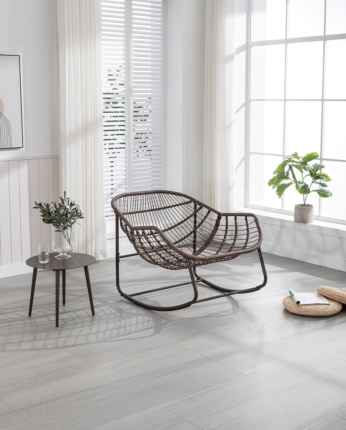 Rattan Rocking Chair for Indoor Outdoor, Patio Oversized Wicker Egg Chair with Steel Frame, Olefin Padded Cushion Rocker Recliner Chair, Comfy Lounger Papasan Chair for Living Room Porch Garden, Grey
