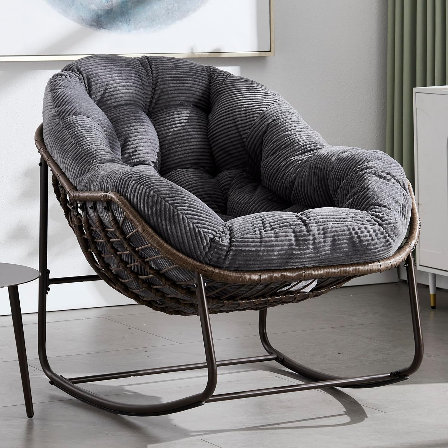 KEIKI Oversized Patio Lounge Chair-Outdoor Rattan Egg Reading Chair, Indoor Padded Cushion Papasan Rocking Chair W/Steel Frame, Porch Rocker Chairs Furniture for Garden Lawn, Grey Velvet