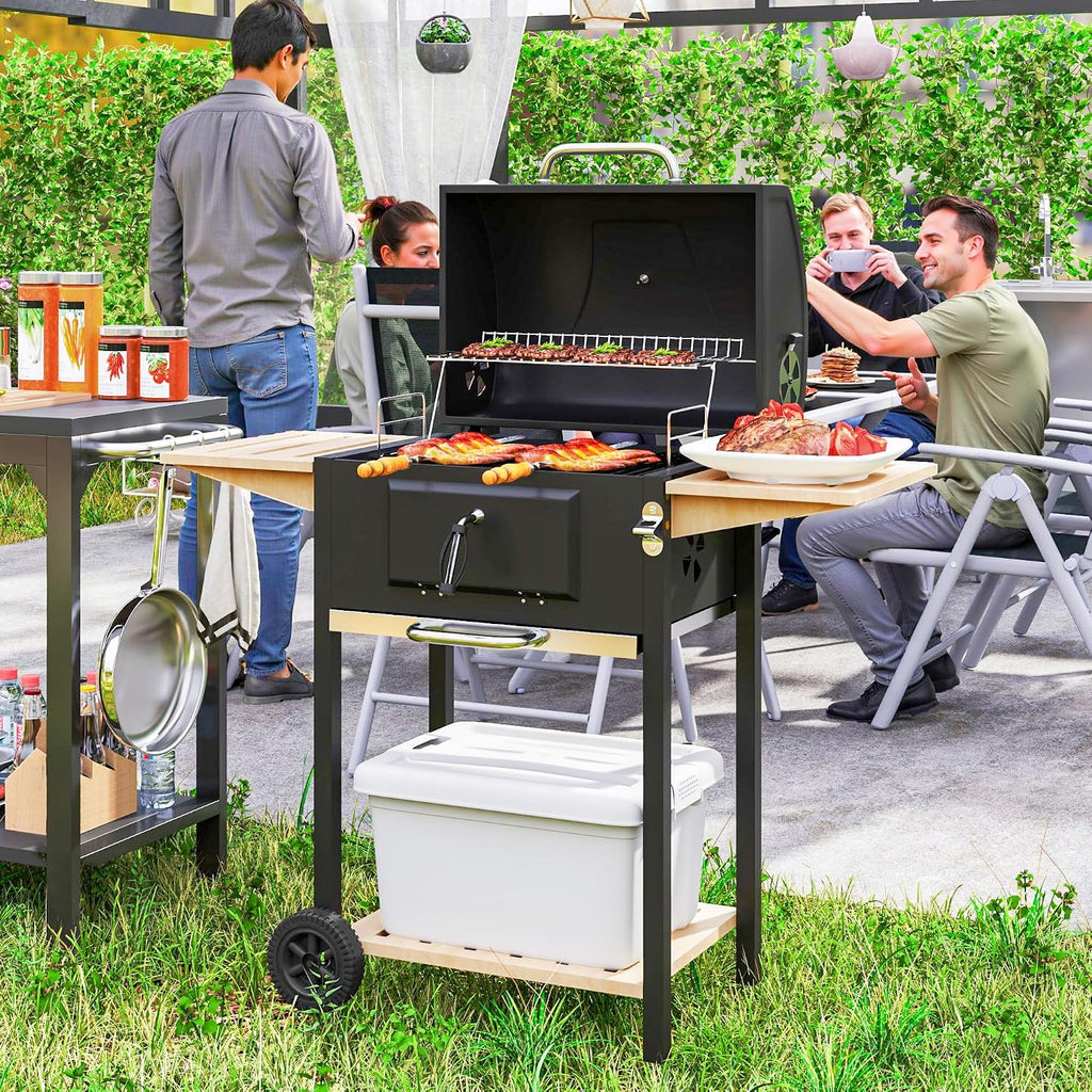 Portable Charcoal Grill with Adjustable Vents & Thermometer – 44' Heavy-Duty BBQ Grill with 3-Level Charcoal Pan, Wheels & Side Shelves – Backyard/Camping Grill (Black/Nature Wood)