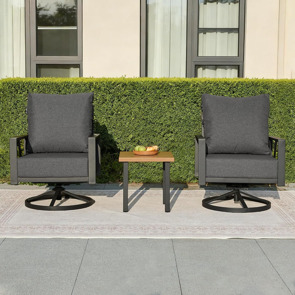 Outdoor Patio Swivel Rocking Chairs Set, Patio Porch Furniture with 6' Thick Cushions, 3 Pieces Outdoor Bistro Set with Coffee Table for Balcony, 350lbs, Dark Grey