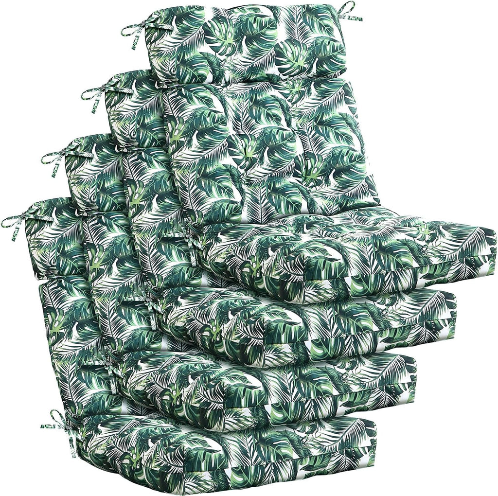 Barydat 4 Pcs Tufted High Back Chair Cushion Indoor Outdoor Seat and Back Cushions Palm Leaves Tropical Plants Lawn Rocking Chair Pads with Ties for Adirondack Patio Garden (Classic Style)
