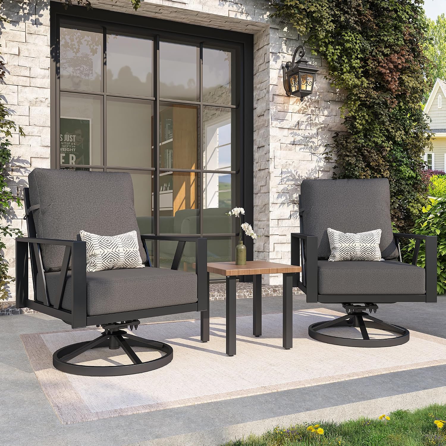 Outdoor Patio Swivel Rocking Chairs Set, Patio Porch Furniture with 6' Thick Cushions, 3 Pieces Outdoor Bistro Set with Coffee Table for Balcony, 350lbs, Dark Grey