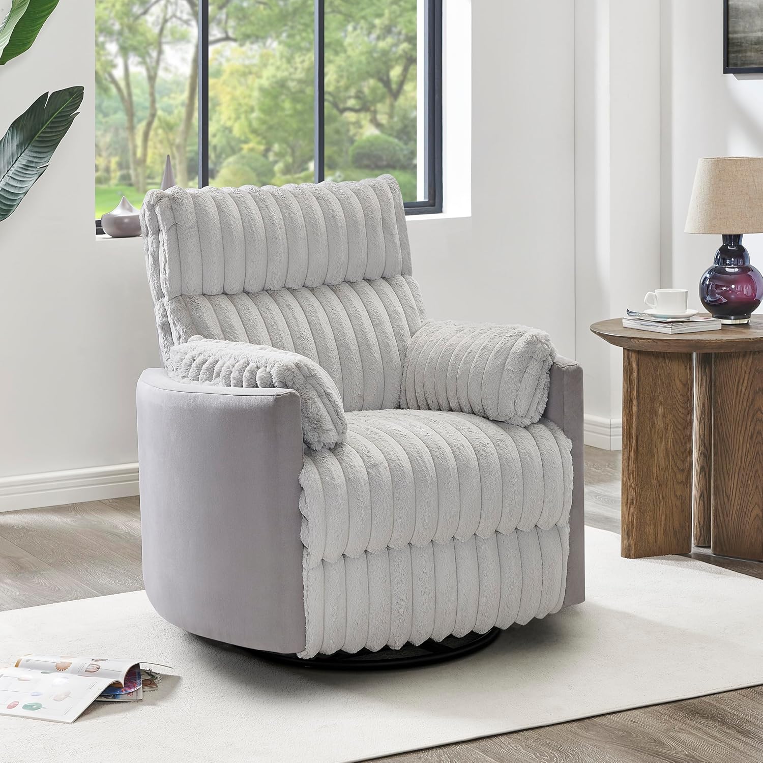 Power Swivel Rocker Recliner for Adults, Cozy Corduroy Recliner Chair with 2 Pillows for Bedroom, Electric Glider Rocking Nursery Chairs for Living Room (Light Grey)