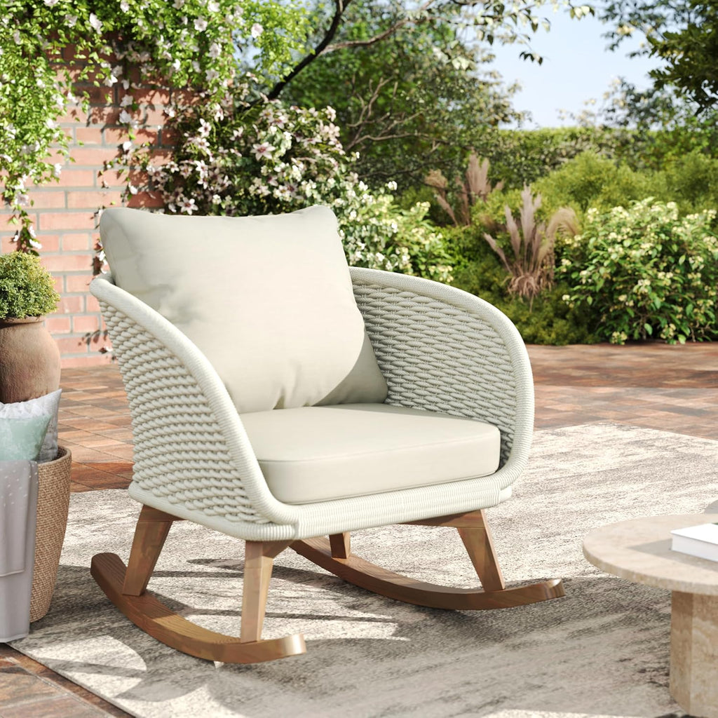 Christopher Knight Home Yusi Wooden Frame Rocking Chair Outdoor, Wicker Rocker Chair with Soft Cushions, Contemporary Patio Rockers, Rocking Accent Chair for Indoor/Outdoor, Beige + Natural