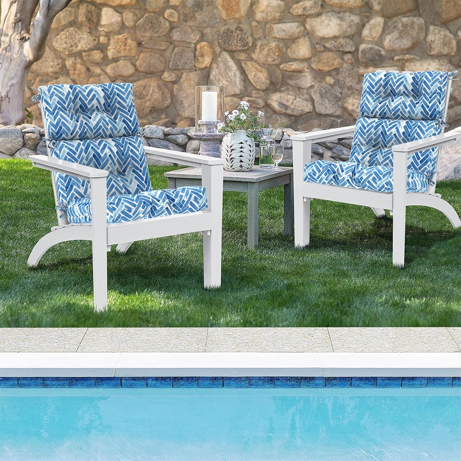 DYTXIII Outdoor High Back Chair Cushions Set of 2, Water Repellent Tufted Rocking Seat Cushions Replacement 44 x 22 Inch, Seat & Back Chair Pads for Patio, Balcony and Indoor Use -Blue Bricks