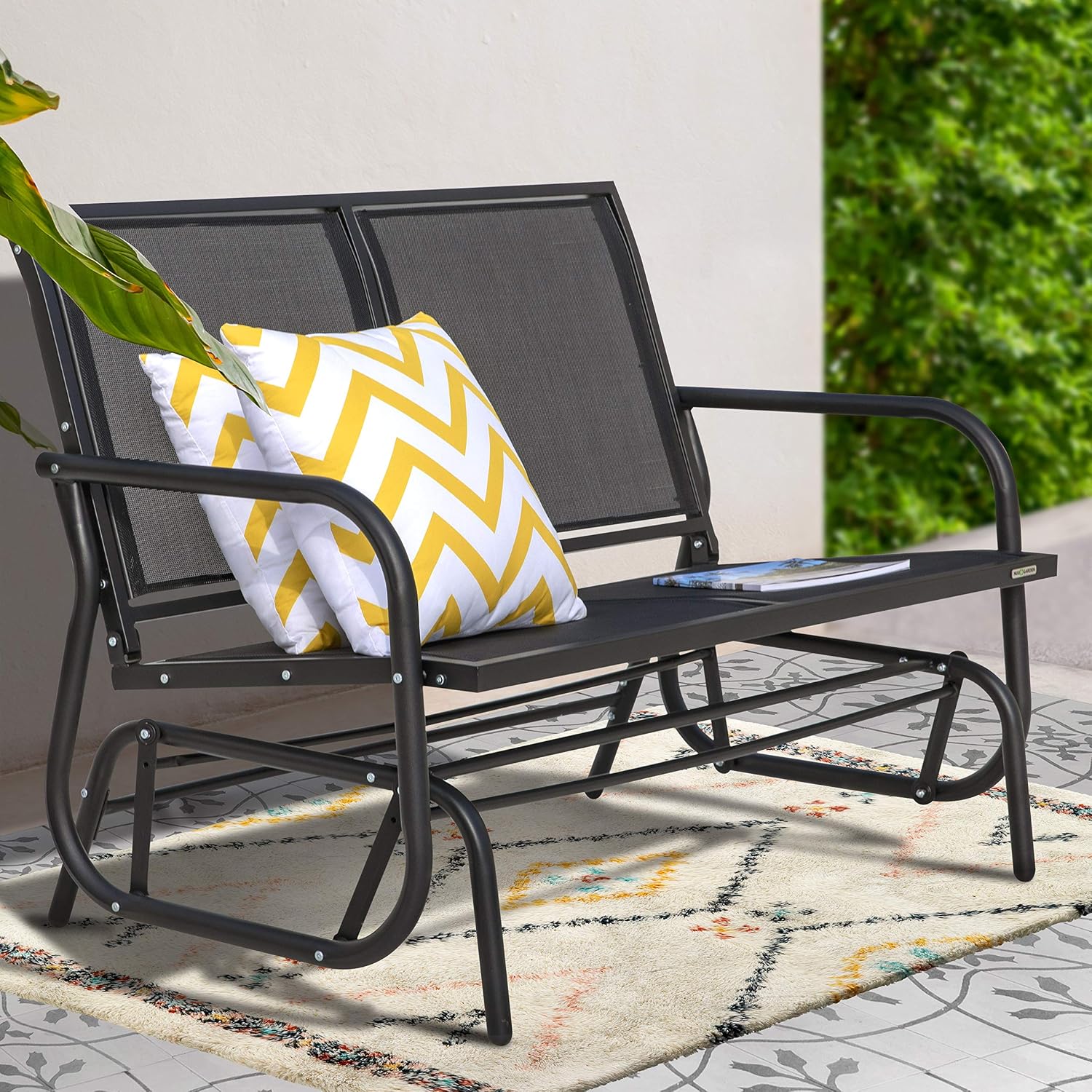 NUU GARDEN 2 Person Outdoor Glider Bench Patio Glider, Patio Glider Swing Chair with Powder Coated Steel Frame and Breathable Seat Fabric, Black Outdoor Loveseat, Black