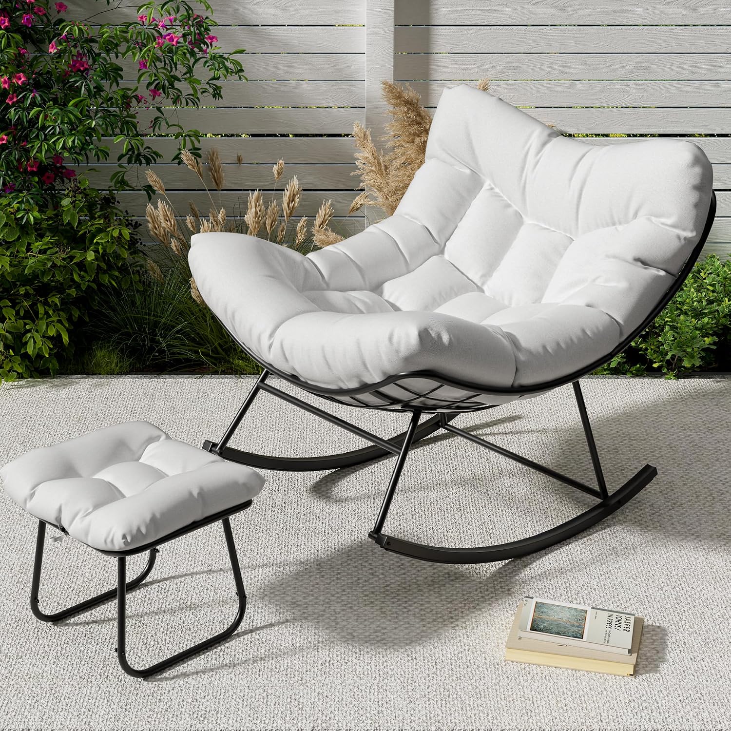GarveeLife Outdoor Oversized Papasan Rocking Chair with Footrest, Patio Lounge Chair with Ottoman and Sturdy Metal Frame, Patio Rattan Egg Rocker for Balcony Backyard Porch Bedroom, White