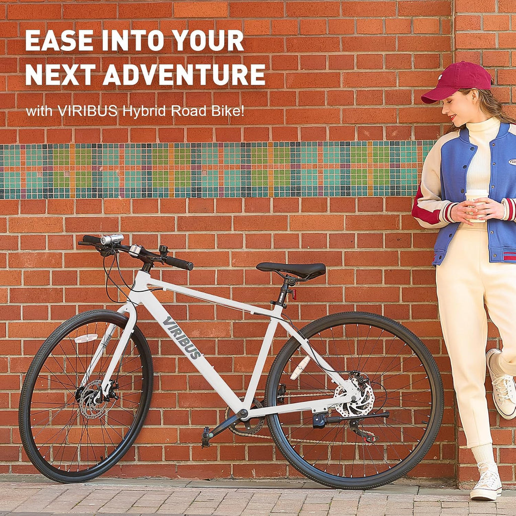 VIRIBUS Hybrid Bikes, 28 inch Mens Bike with Lightweight Aluminum Frame, 700C Bikes for Tall Men, 7 Speed Vintage Retro Hybrid Bicycles for City Commuters, Adult Road Bike Male for Fitness, White