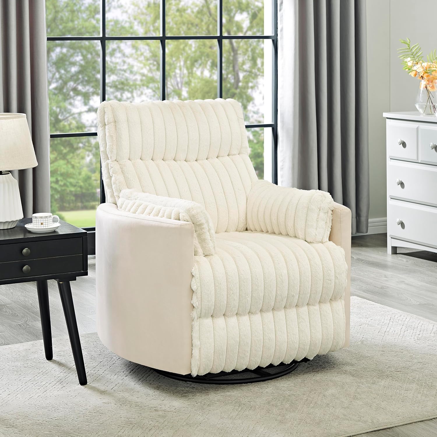 Power Swivel Rocker Recliner for Adults, Cozy Corduroy Recliner Chair with 2 Pillows for Bedroom, Electric Glider Rocking Nursery Chairs for Living Room (Beige)