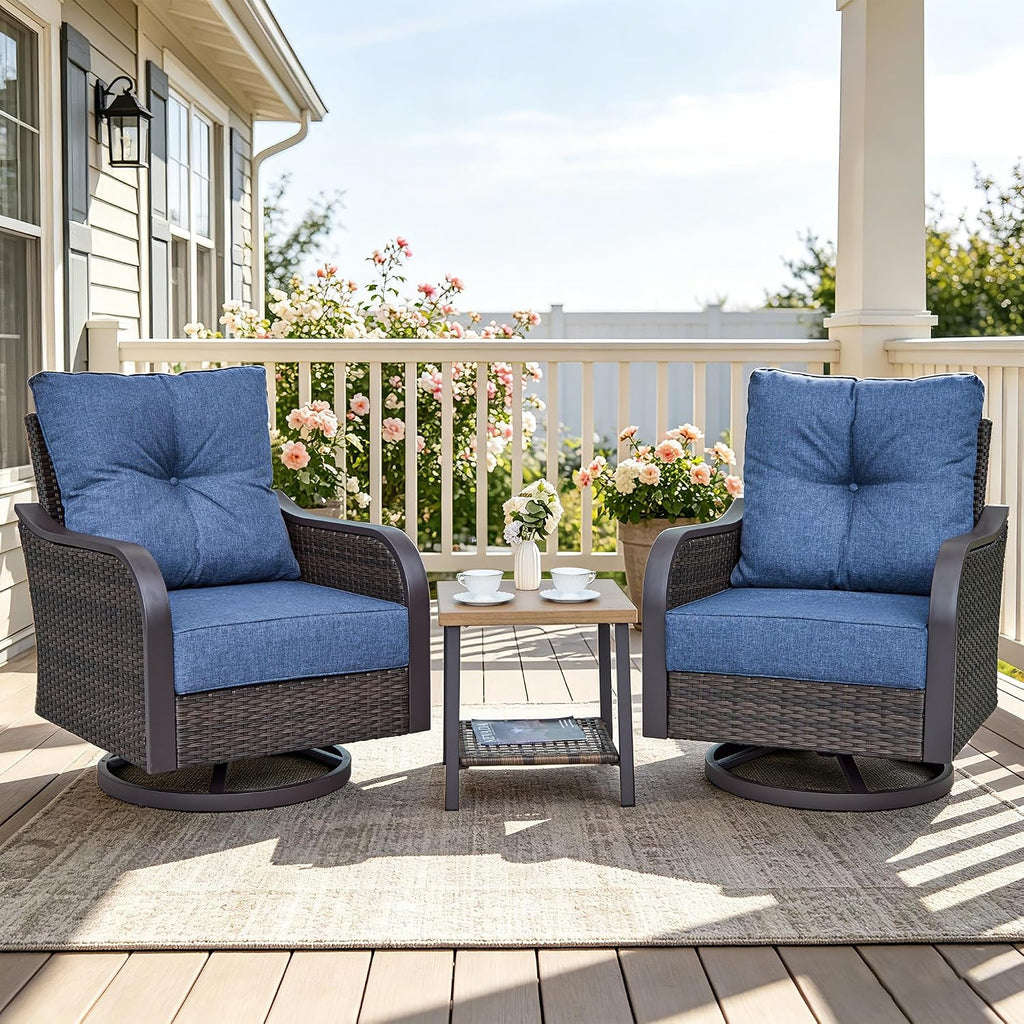 Outdoor Swivel Rocker Chairs, Wicker Swivel Rocking Chairs with 6'' Thick Cushions and Side Coffee Table, 3 Piece Patio Furniture Set for Balcony, Porch, Deck, Poolside, Navy Blue