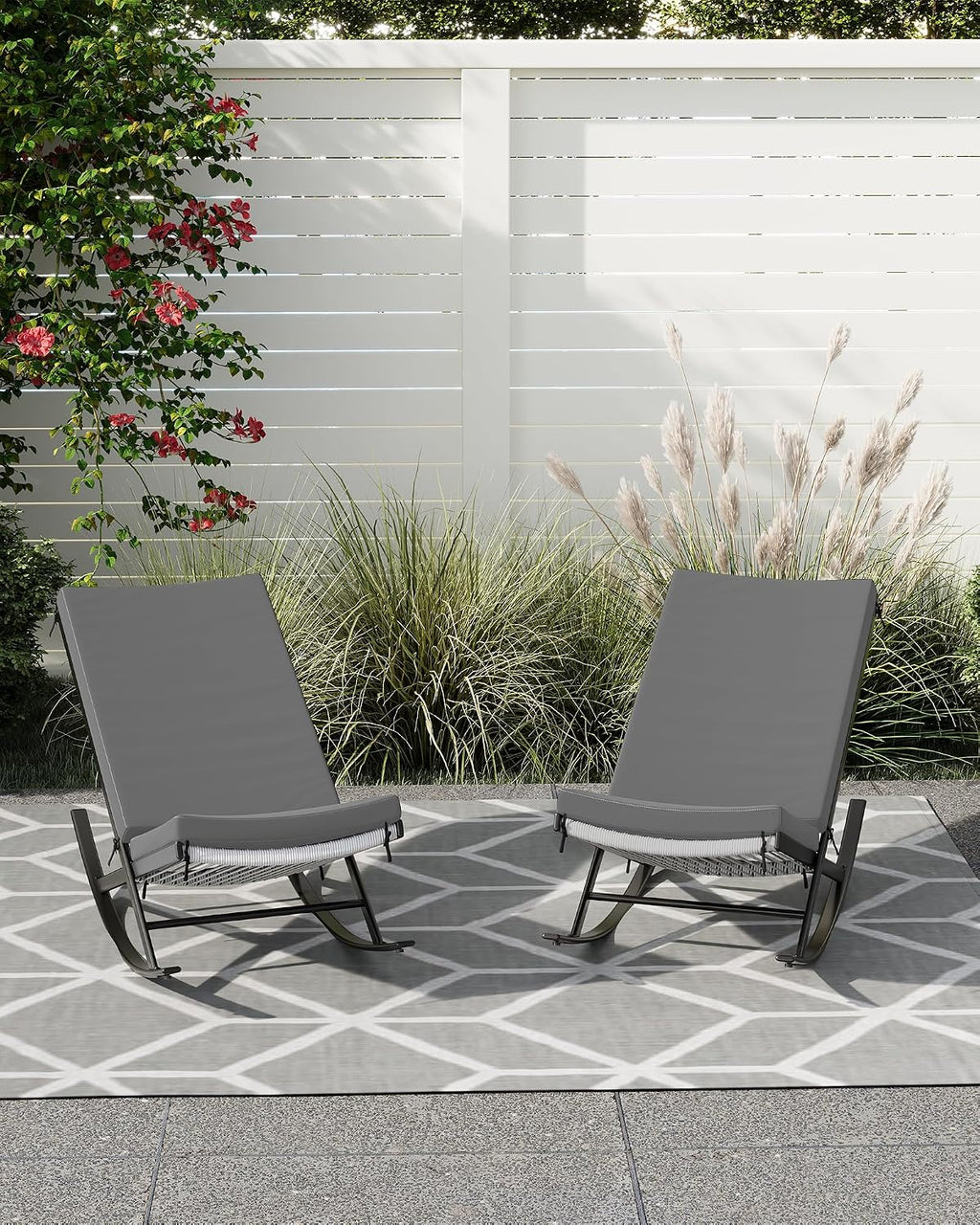 Rocking Chair Outdoor Set of 2 Patio Chairs Rocking Chairs Outdoor Lounge Rattan Chair for Outside Lawn with Cushions for Front Porch, Garden, Backyard, Lawn, Patio,Grey