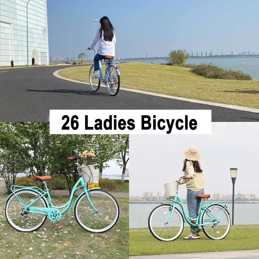 MEGHNA Beach Cruiser Bike Low Step - Through 24 inch/26 inch Bike Elegant Lady Bike V - Brake 7 Speed Cruiser Bike with Rear Rack Bell for Girls Women Senior, Multi-Colors