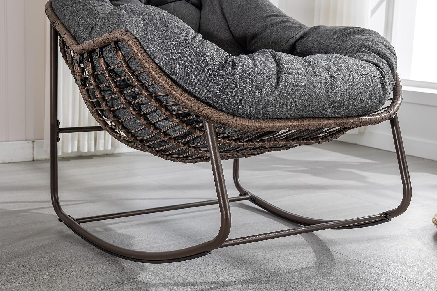 Rattan Rocking Chair for Indoor Outdoor, Patio Oversized Wicker Egg Chair with Steel Frame, Olefin Padded Cushion Rocker Recliner Chair, Comfy Lounger Papasan Chair for Living Room Porch Garden, Grey