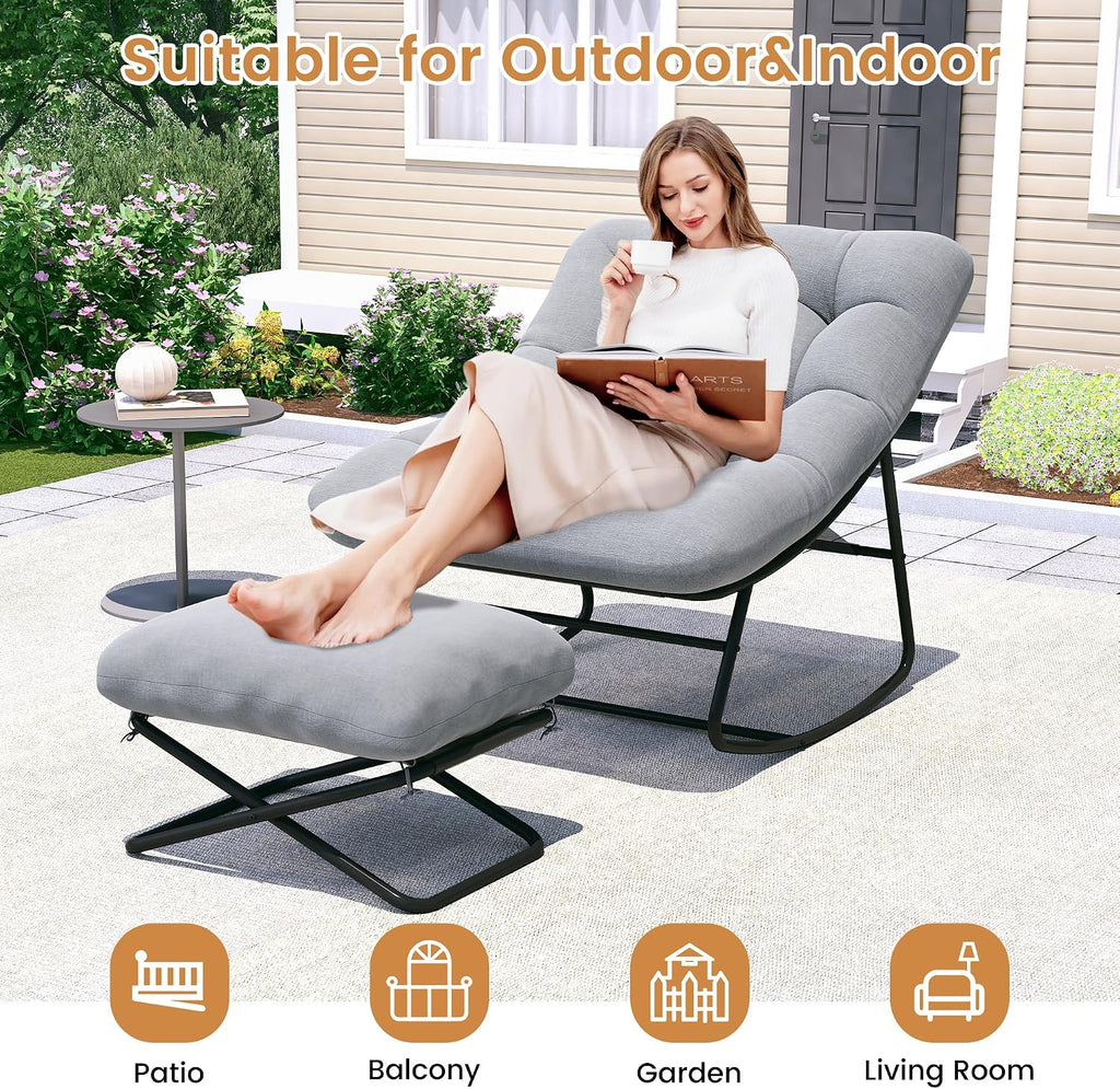 EazeHome Outdoor Rocking Chair with Footrest, Oversized Papasan Rocking Chair with Metal Frame&Cushion, Patio Egg Rocker Lounge Chair for Porch, Balcony, Bedroom, Living Room, Gray