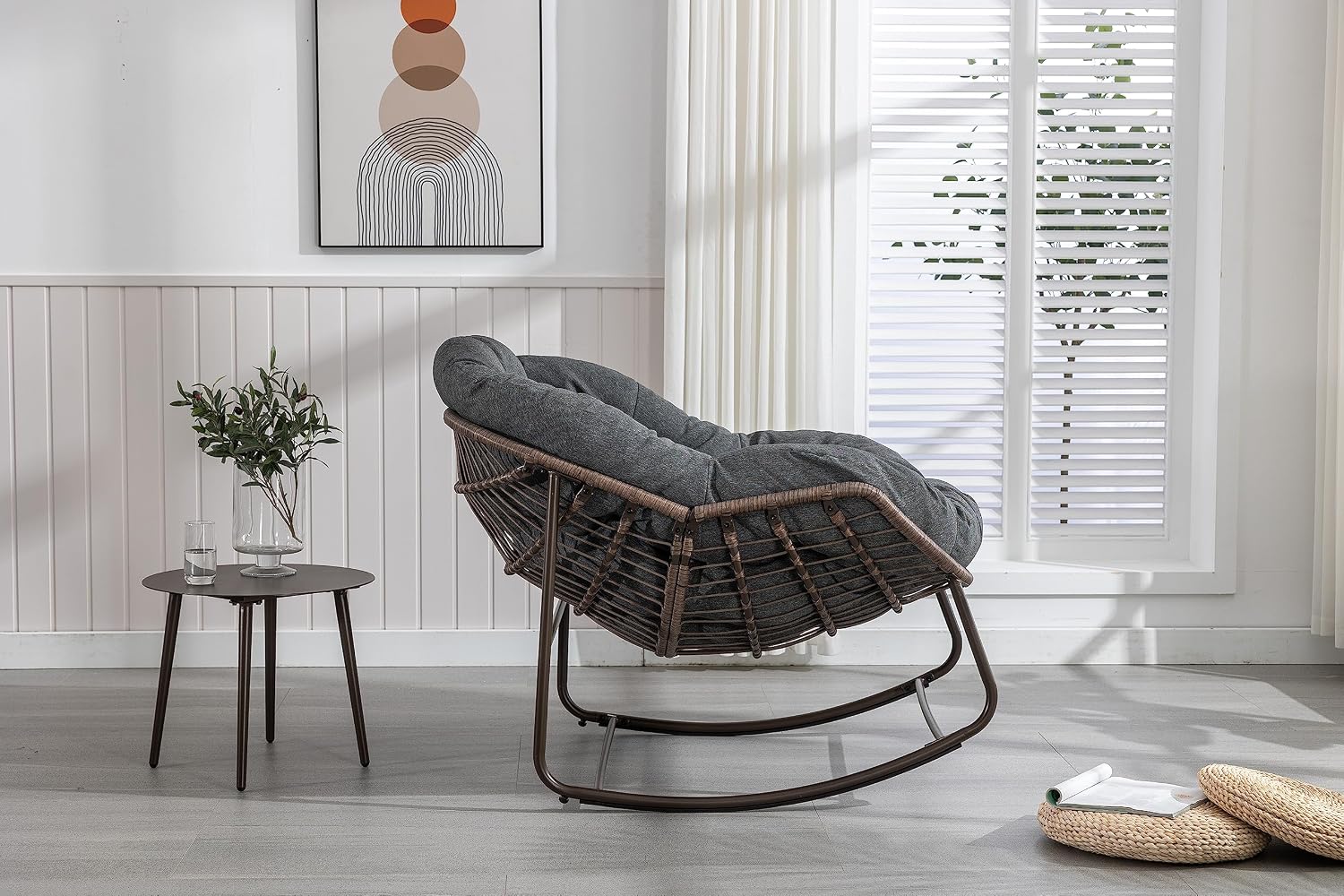 Ball & Cast Outdoor Patio Rocking Chair,Oversized Papasan Egg Chair with E-Coated,Padded Cushion,Recliner Chair for Indoor, Front Porch, Garden, Patio, Backyard,Grey