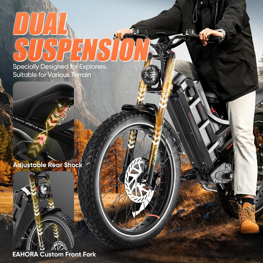 eAhora 2025 Romeo Ultra/Romeo 2 Peak 3000W/2500W 42/40 Mph Electric Bike for Adults 60V 70Ah/52V 60Ah 100-200Miles Long Range Ebike 26' Fat Tire Full Suspension Electric Bicycle