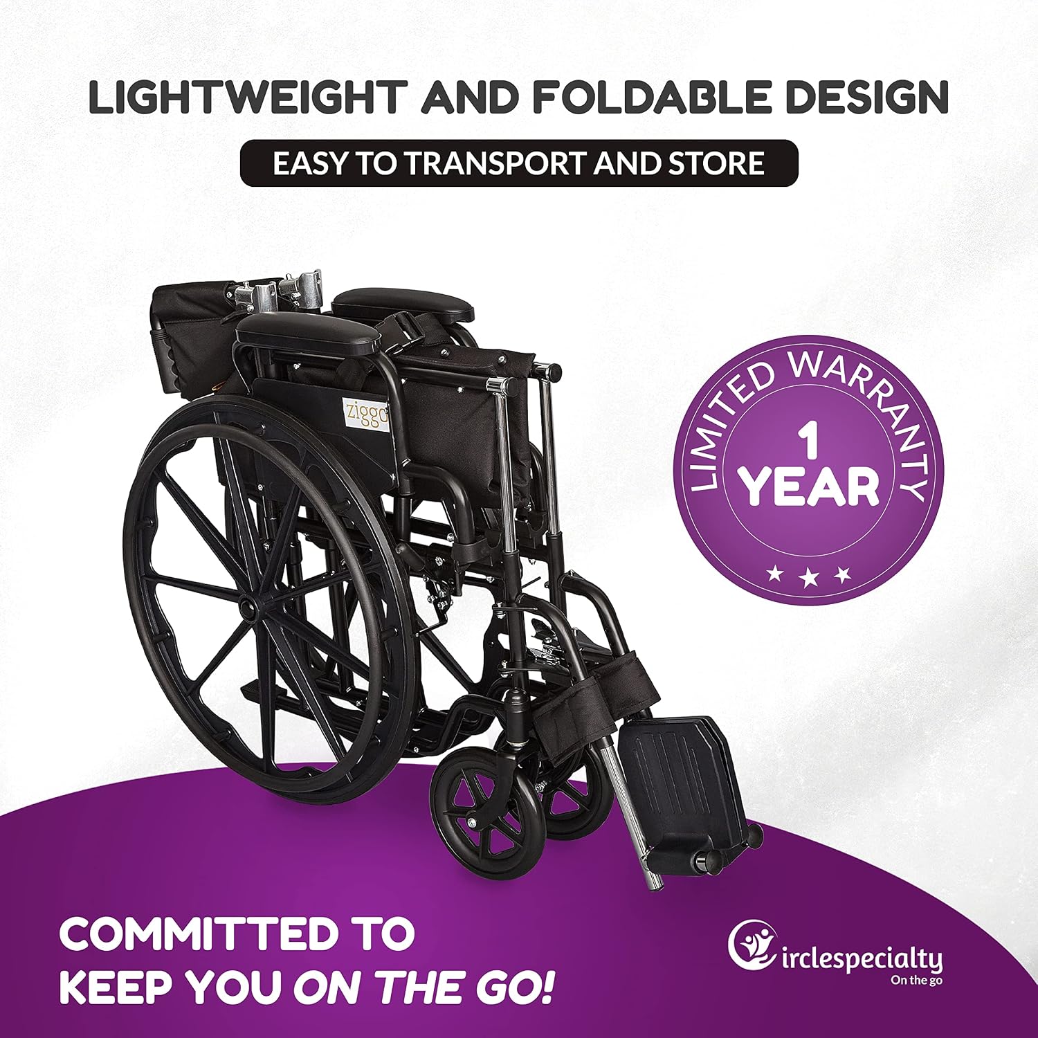 Ziggo 18' Seat Width Pediatric Wheelchair for Kids & Children, Lightweight, Manual Folding Wheelchair w/Safety Belt, Swing-Away Foot Support w/Straps, Desk Length Arm Rests