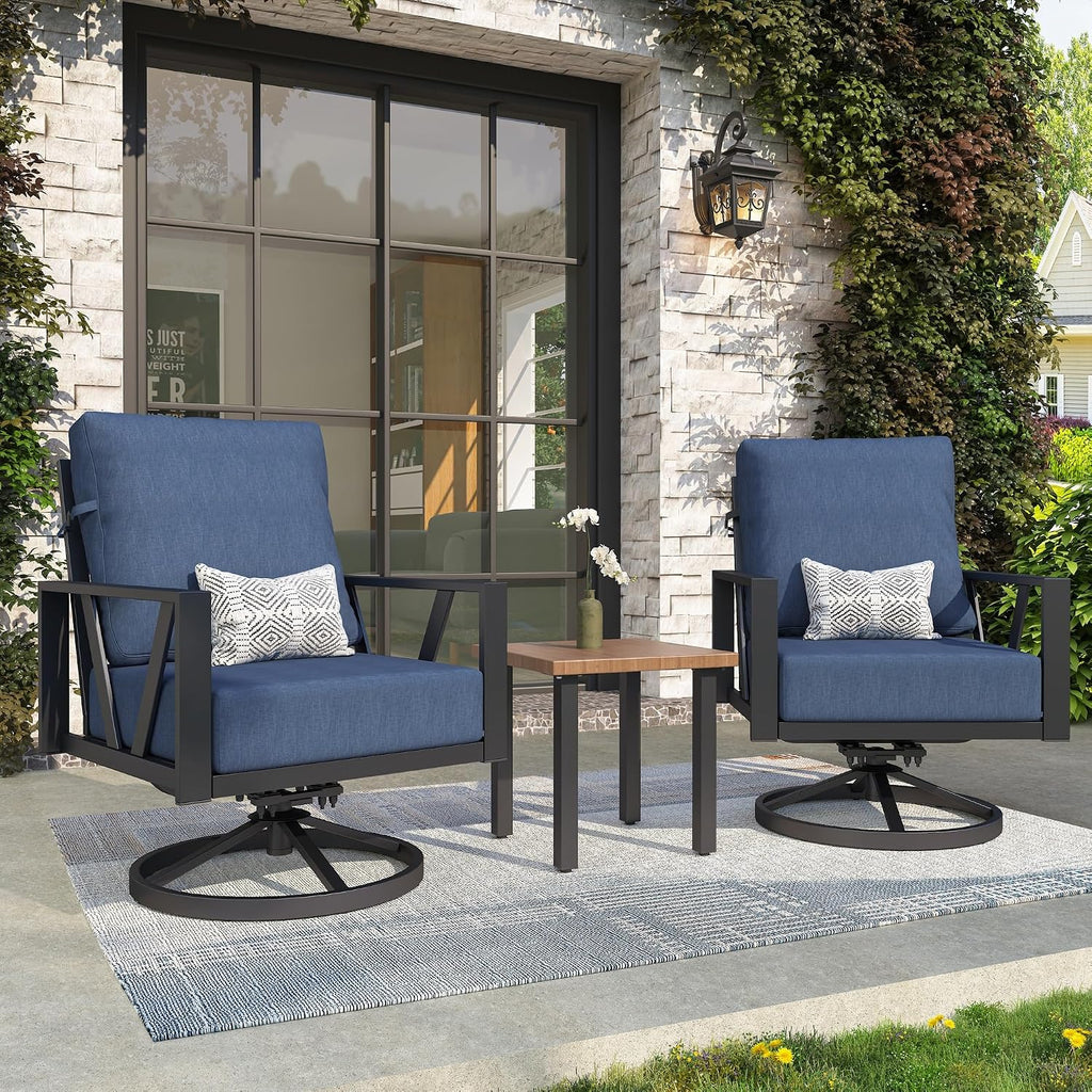 Outdoor Patio Swivel Rocking Chairs Set, Patio Porch Furniture with 6' Thick Cushions, 3 Pieces Outdoor Bistro Set with Coffee Table for Balcony, 350lbs, Blue