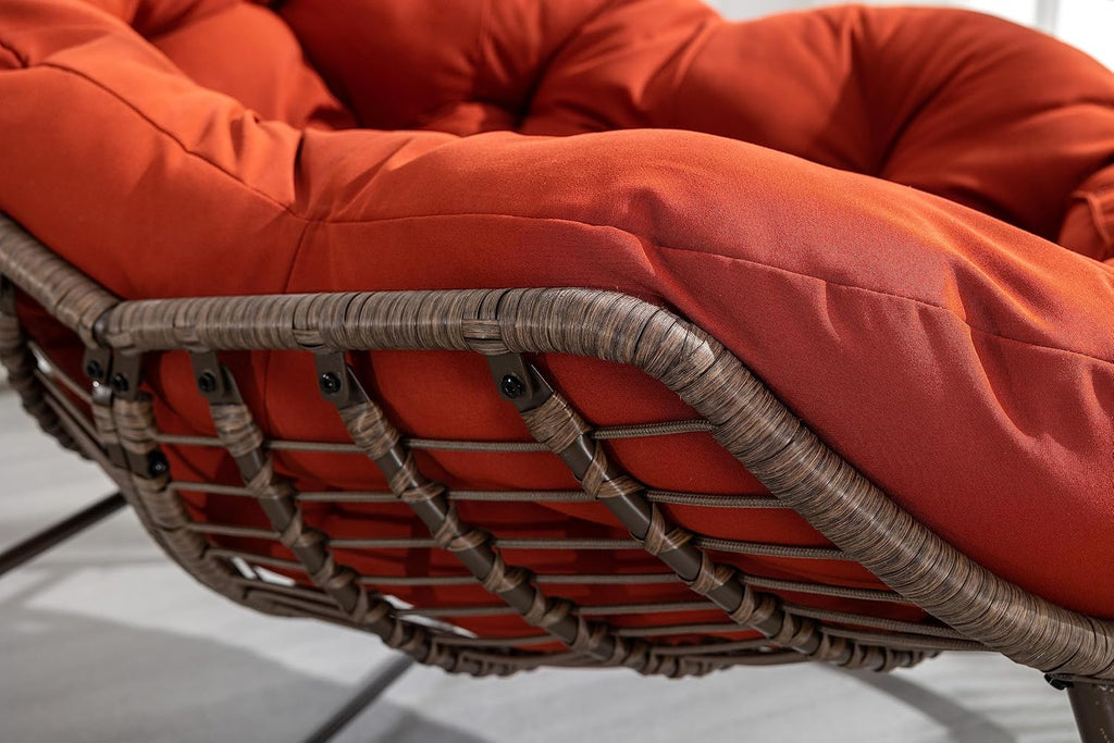 Rattan Rocking Chair for Indoor Outdoor Patio Oversized Wicker Egg Chair with Steel Frame Olefin Padded Cushion Rocker Recliner Chair, Comfy Lounger Papasan Chair for Living Room Porch Garden, Orange