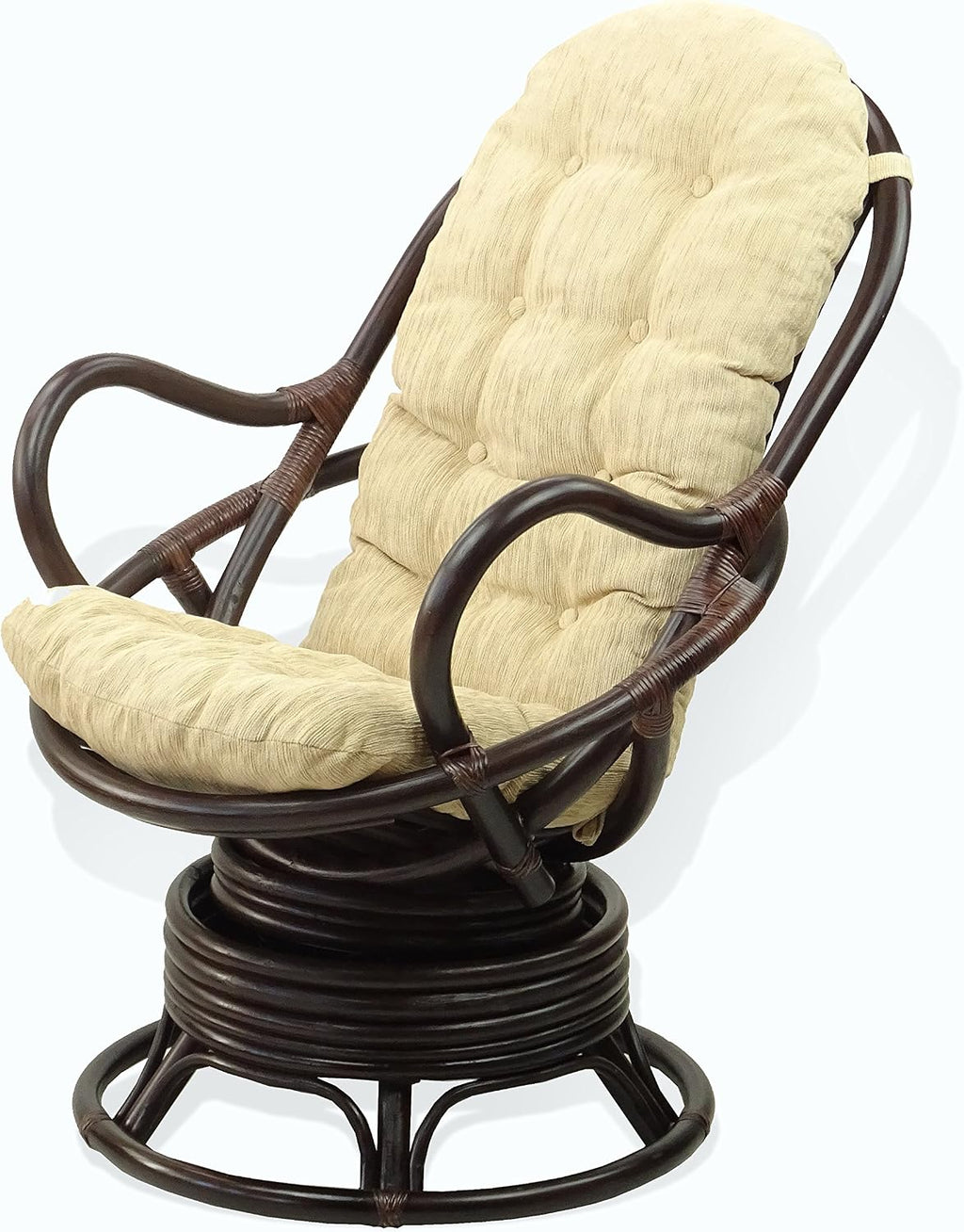 Java Lounge Swivel Rocking Chair with Cream Cushion Natural Rattan Wicker Handmade, Dark Brown Color