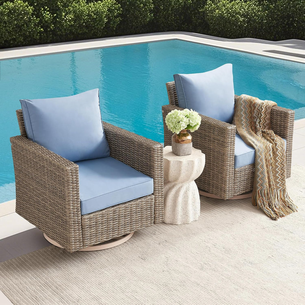 Swivel Rocking Chairs with Comfortable Cushion, PE Wicker Rattan Swivel Chairs, Set of 2 with Cushions for Poolside, Garden, Backyard, Blue