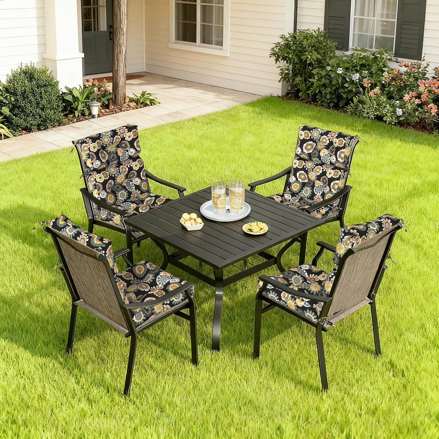 LVTXIII Outdoor High Back Chair Cushions 2 Pack, 44'x20'x4' Outdoor Patio Cushion Set with Ties, All Weather Thick Tufted Seat Cushions for Deep Seat & Rocking Chairs, Black Yellow Crosby