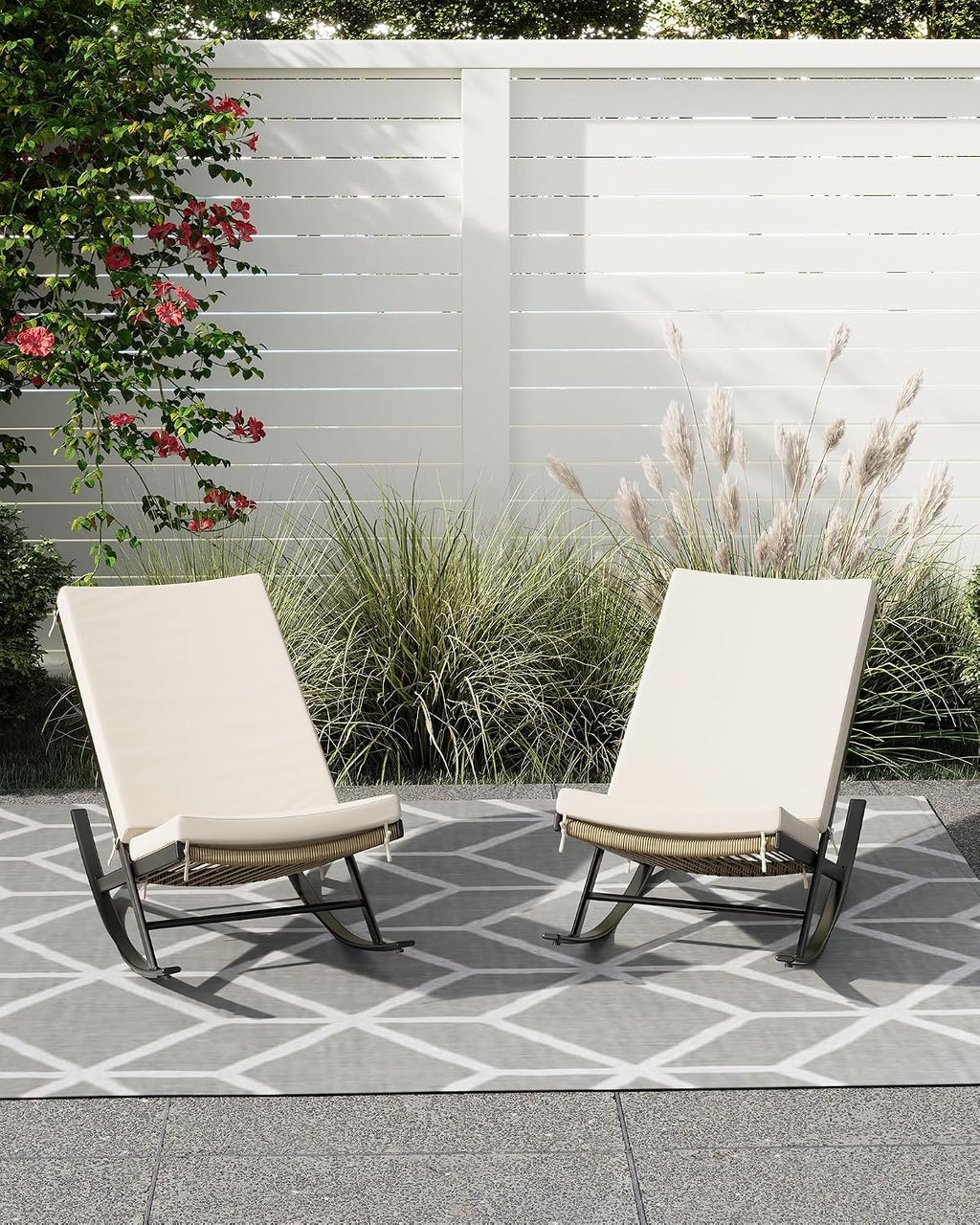 Rocking Chair Outdoor Set of 2 Patio Chairs Rocking Chairs Outdoor Lounge Rattan Chair for Outside Lawn with Cushions for Front Porch, Garden, Backyard, Lawn, Patio,Beige