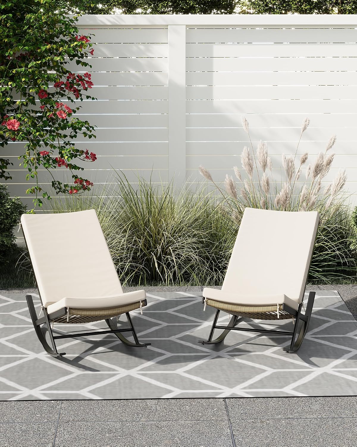 Rocking Chair Outdoor Set of 2 Patio Chairs Rocking Chairs Outdoor Lounge Rattan Chair for Outside Lawn with Cushions for Front Porch, Garden, Backyard, Lawn, Patio,Beige