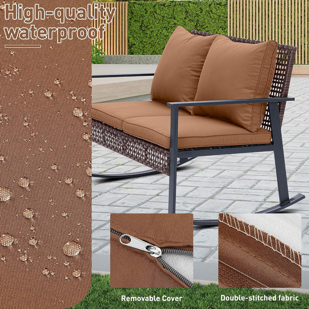 GDY Outdoor Wicker Loveseat Rocking Chair, Patio Outdoor Furniture Conversation Sets, Rattan Rocker Chair with Cushions, Modern Cozy Rocking Wicker Furniture for Garden, Porch, Poolside & Deck, Brown.