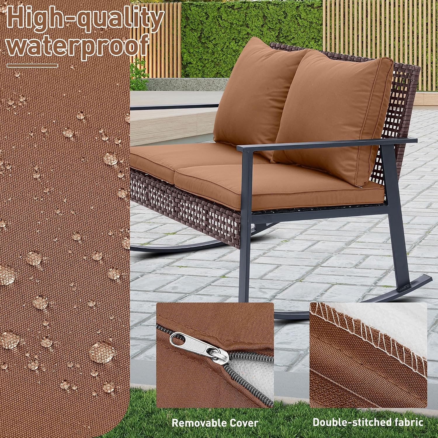 GDY Outdoor Wicker Loveseat Rocking Chair, Patio Outdoor Furniture Conversation Sets, Rattan Rocker Chair with Cushions, Modern Cozy Rocking Wicker Furniture for Garden, Porch, Poolside & Deck, Brown.