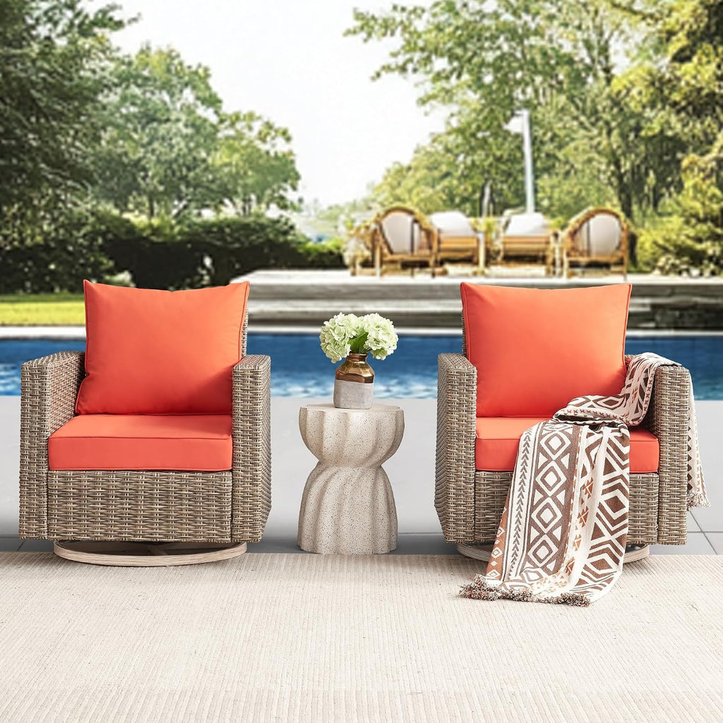 Swivel Rocking Chairs with Comfortable Cushion, PE Wicker Rattan Swivel Chairs, Set of 2 with Cushions for Poolside, Garden, Backyard, Orange