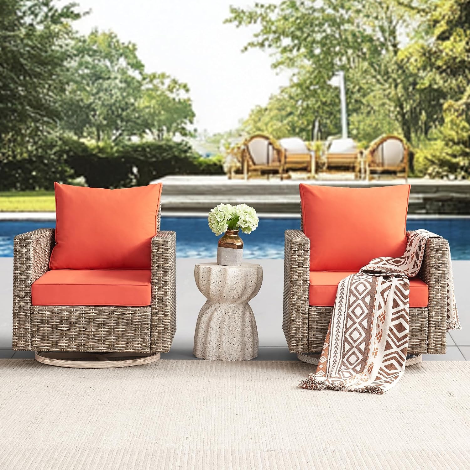 Swivel Rocking Chairs with Comfortable Cushion, PE Wicker Rattan Swivel Chairs, Set of 2 with Cushions for Poolside, Garden, Backyard, Orange