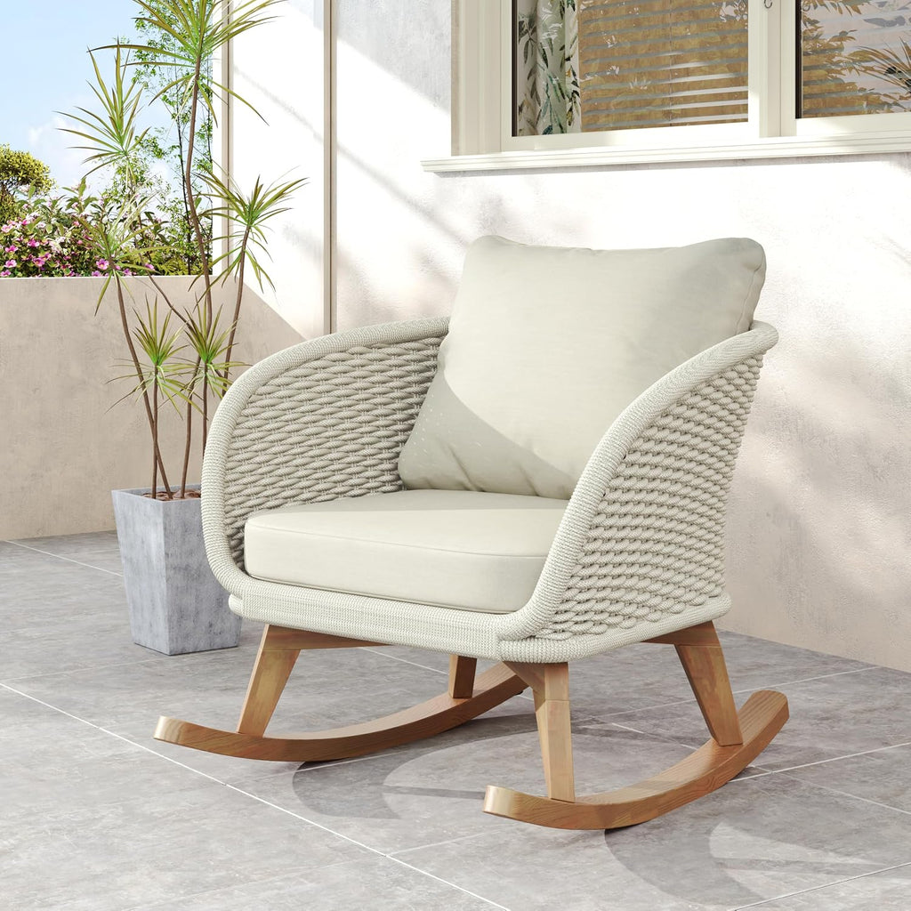 Christopher Knight Home Yusi Wooden Frame Rocking Chair Outdoor, Wicker Rocker Chair with Soft Cushions, Contemporary Patio Rockers, Rocking Accent Chair for Indoor/Outdoor, Beige + Natural