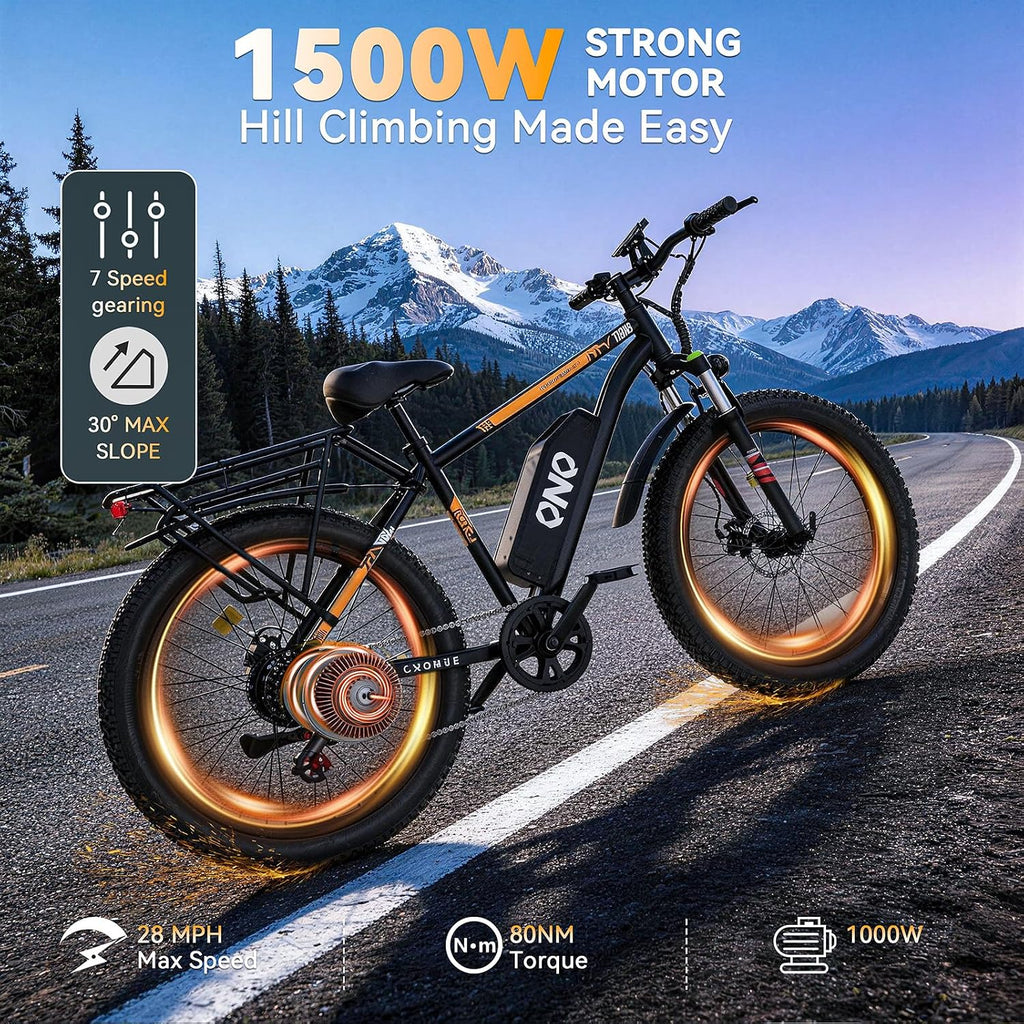 Electric Bike for Adults丨1500W Peak Power丨20 MPH,60+Miles丨48V 15Ah Removable Battery丨26''Fat Tires丨7-Speed Gears丨Dual Shock Absorbers丨 High Carbon Steel. Adaptive Cruise Control.