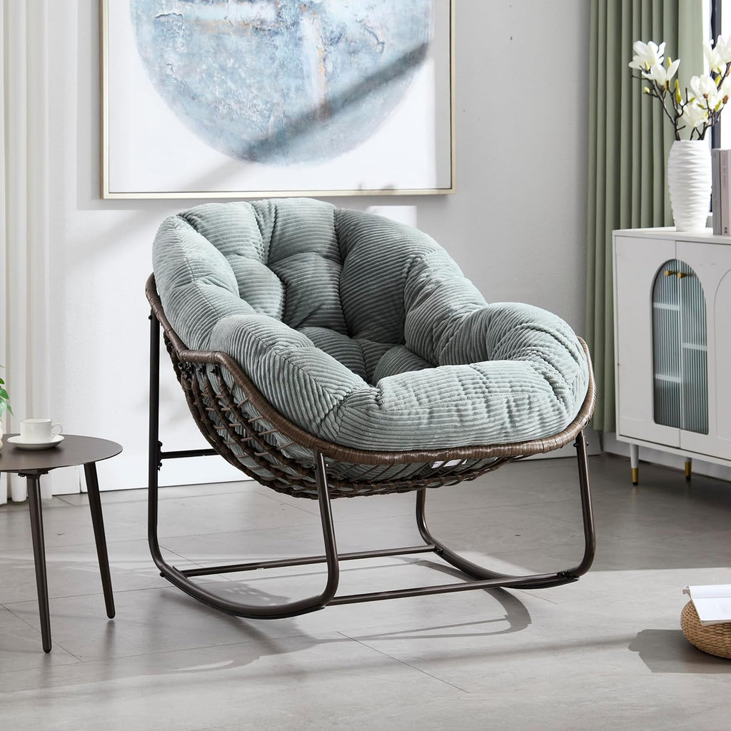 Ball & Cast Outdoor Patio Rocking Chair,Oversized Papasan Egg Chair with E-Coated,Padded Cushion,Recliner Chair for FIndoor, Ront Porch, Garden, Patio, Backyard,Light Green