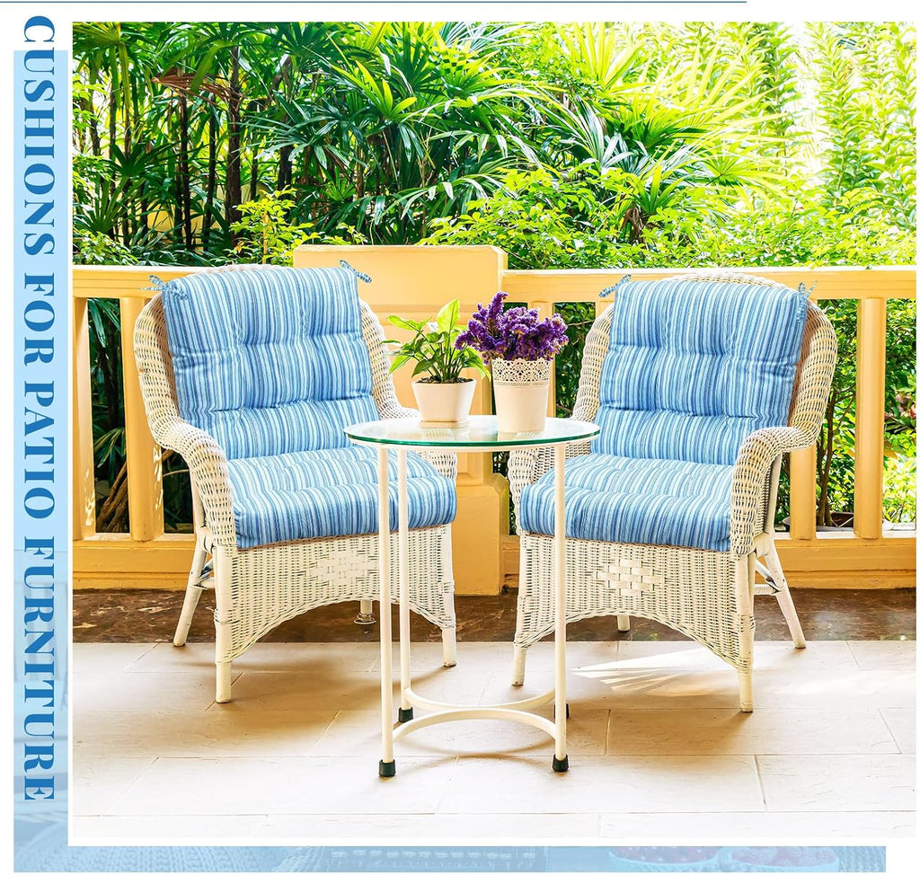 Marsui 4 Pcs Outdoor Indoor High Back Chair Cushions Patio Furniture Tufted Pillow with Ties Water-Resistant Replacement Outdoor Rocking Chair Cushions, 42 x 21 Inches (Blue Stripes,Stripes)