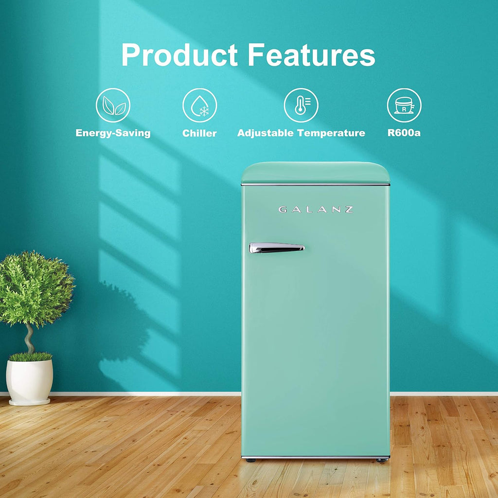 Galanz GLR33MGNR10 Retro Compact Refrigerator, Single Door Fridge, Adjustable Mechanical Thermostat with Chiller, Green, 3.3 Cu Ft