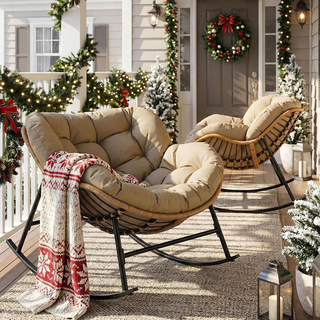 NICESOUL 2-Piece Outdoor Patio Papasan Rocking Chair, Cozy Oversized Wicker Gliding Lounge Chairs for Balcony, Patio or Porch, Wide & Large Double Royal Rocker with Comfy Padded Cushion, Brown/Tan