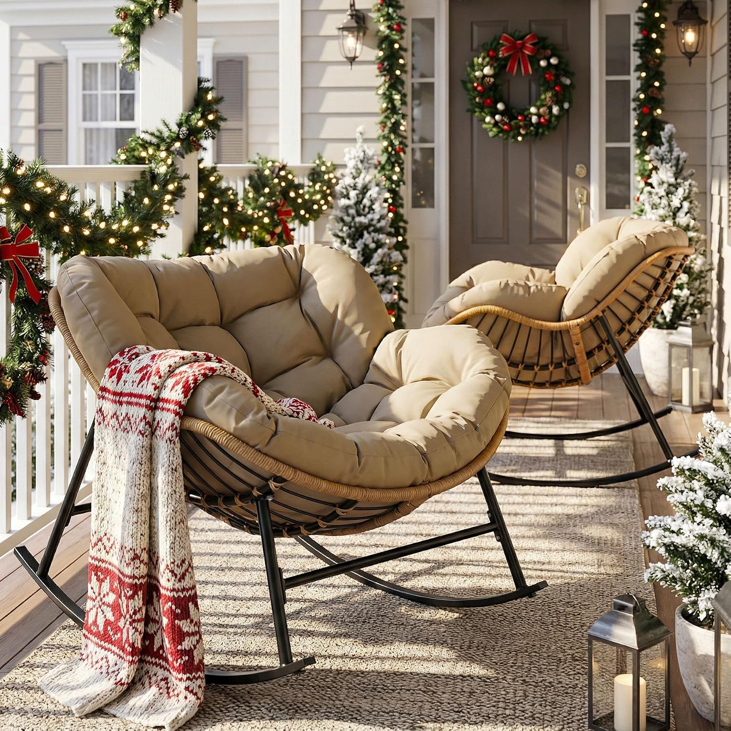 NICESOUL 2-Piece Outdoor Patio Papasan Rocking Chair, Cozy Oversized Wicker Gliding Lounge Chairs for Balcony, Patio or Porch, Wide & Large Double Royal Rocker with Comfy Padded Cushion, Brown/Tan