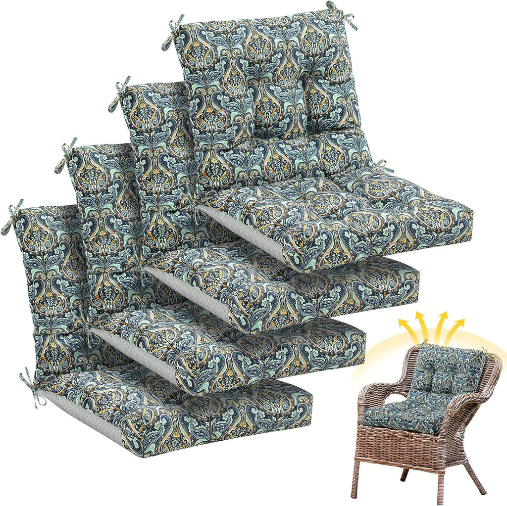 Marsui 4 Pcs Outdoor Indoor High Back Chair Cushions Patio Furniture Tufted Pillow with Ties Water-Resistant Replacement Outdoor Rocking Chair Cushions, 42 x 21 Inches (Blue,Paisley)