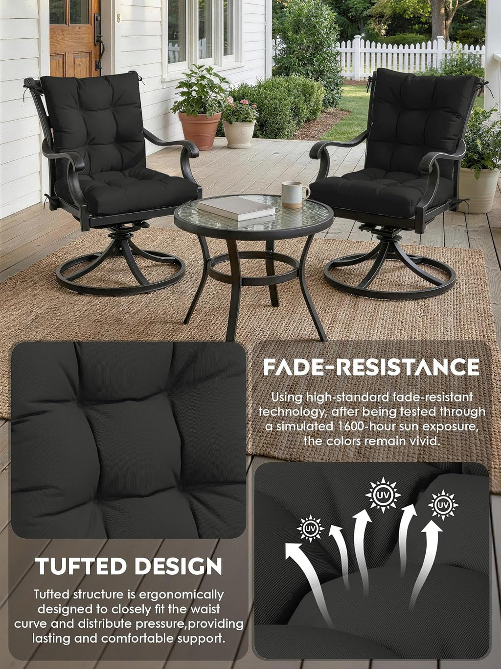 4 Sets Outdoor Patio Chair Cushions Seat High Back Tufted Pillow 42 x 21 x 5 Inches Splash Proof Fade Resistant Replacement Rocking Chair Cushions with Ties