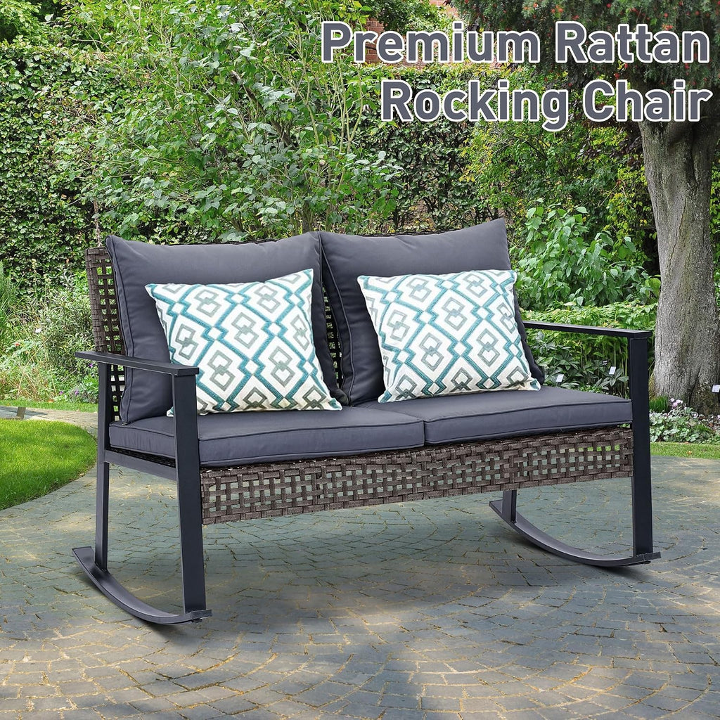 GDY Outdoor Wicker Loveseat Rocking Chair, Patio Outdoor Furniture Conversation Sets, Rattan Rocker Chair with Cushions, Modern Cozy Rocking Wicker Furniture for Garden, Porch, Poolside & Deck, Grey.