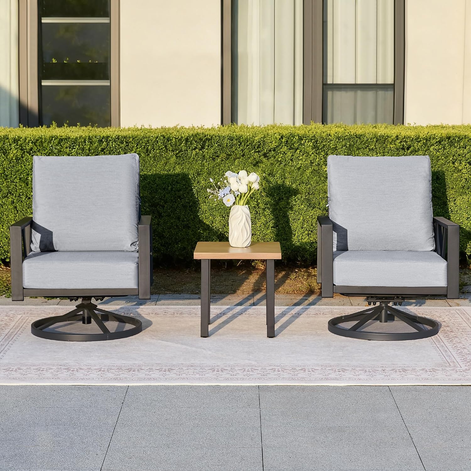 Outdoor Patio Swivel Rocking Chairs Set, Front Porch Furniture with 6' Thick Cushions, 3 Pieces Outdoor Bistro Set with Coffee Table, 350lbs, Light Grey