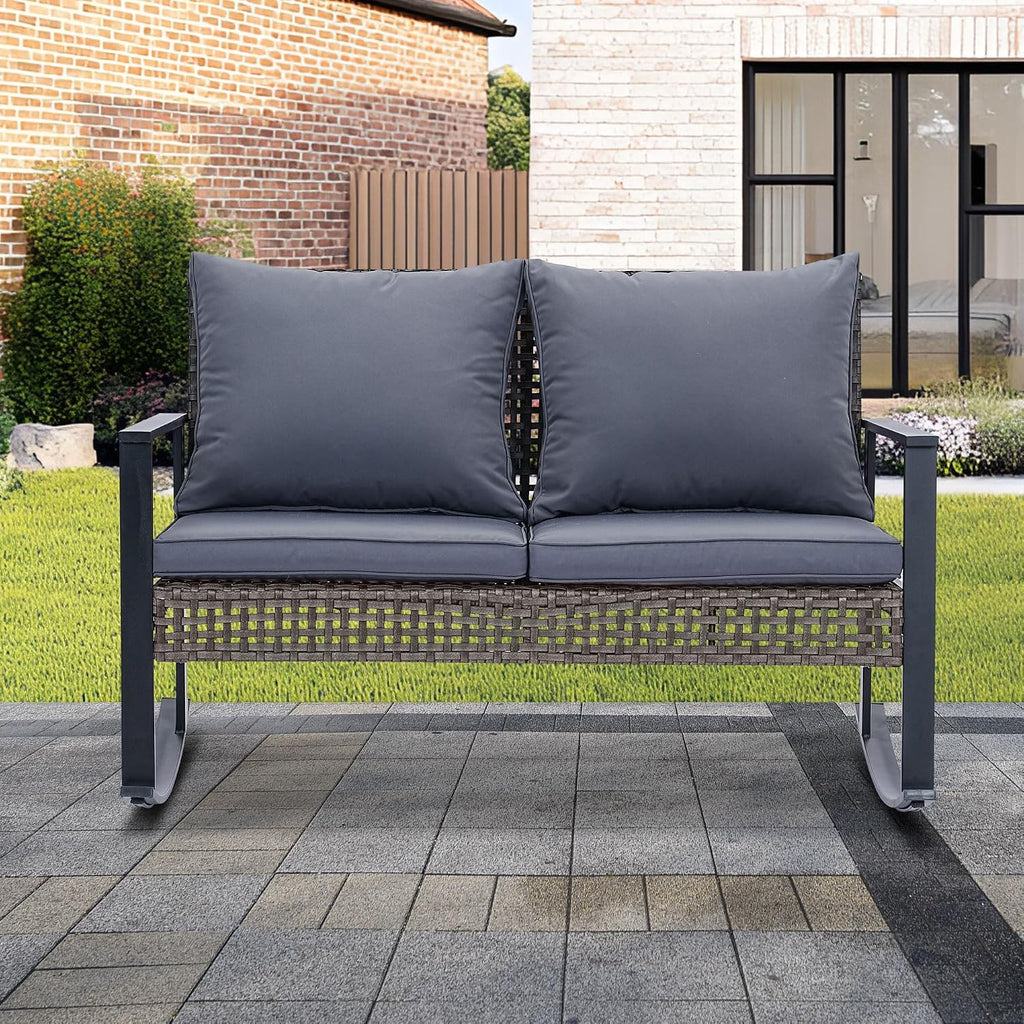 GDY Outdoor Wicker Loveseat Rocking Chair, Patio Outdoor Furniture Conversation Sets, Rattan Rocker Chair with Cushions, Modern Cozy Rocking Wicker Furniture for Garden, Porch, Poolside & Deck, Grey.