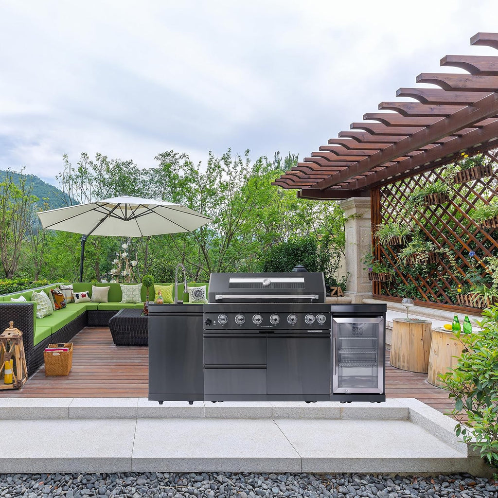 82' Outdoor Kitchen Island with 6 Burner Grill, Sink & Beverage Fridge, 85,000 BTU BBQ Grill Station for Backyard Entertaining, 304 Stainless Steel Patio Cooking Island,Black
