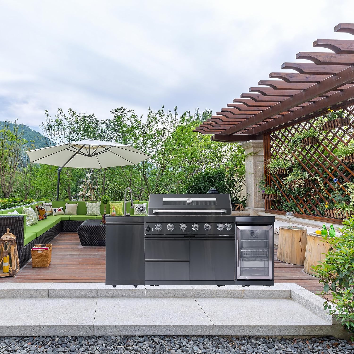 82' Outdoor Kitchen Island with 6 Burner Grill, Sink & Beverage Fridge, 85,000 BTU BBQ Grill Station for Backyard Entertaining, 304 Stainless Steel Patio Cooking Island,Black